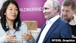 Татьяна Бакальчук, Владимир Путин и Рамзан Кадыров на фоне логотипа Wildberries. Иллюстративный коллаж