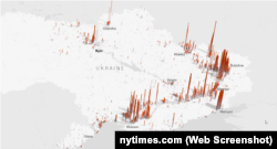 Визуализация The New York Times данных о поврежденных и разрушенных зданиях после начала полномасштабного вторжения РФ